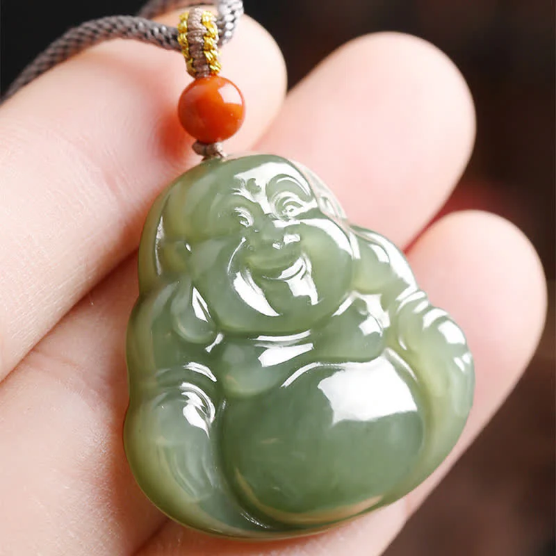 Buddha Stones Laughing Buddha Hetian Jade Abundance Necklace String Pendant