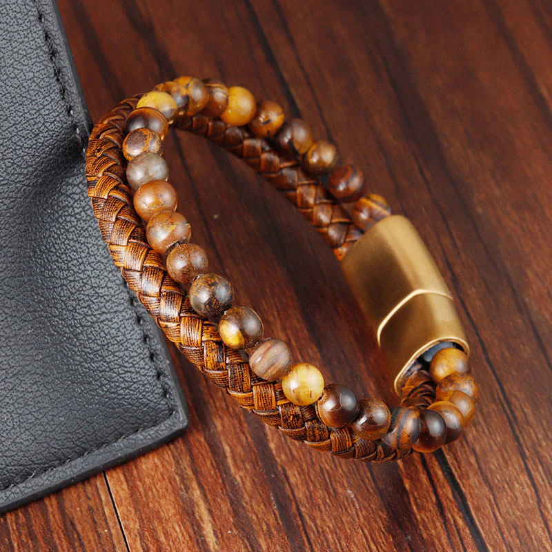Buddha Stones Multi-layer Woven Tiger Eye Stone Beads Leather Titanium Steel Strength Buckle Bracelet