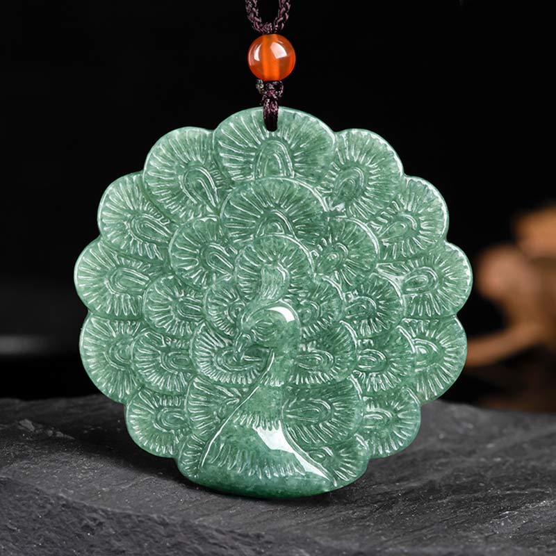 Buddha Stones Natural Jade Peacock Luck Prosperity Necklace Pendant