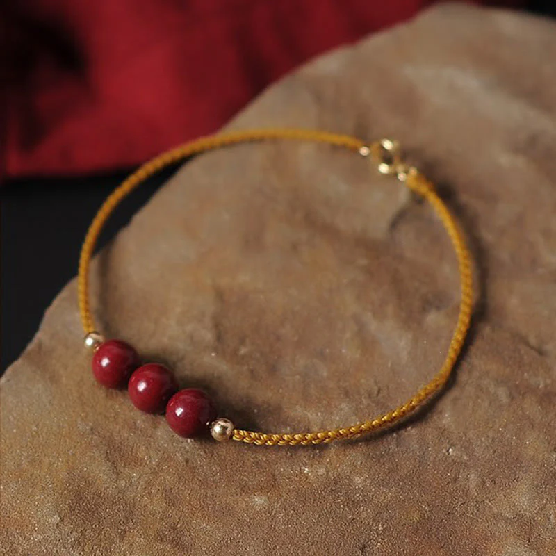 Buddha Stones 14K Gold Plated Natural Cinnabar Blessing String Braided Bracelet