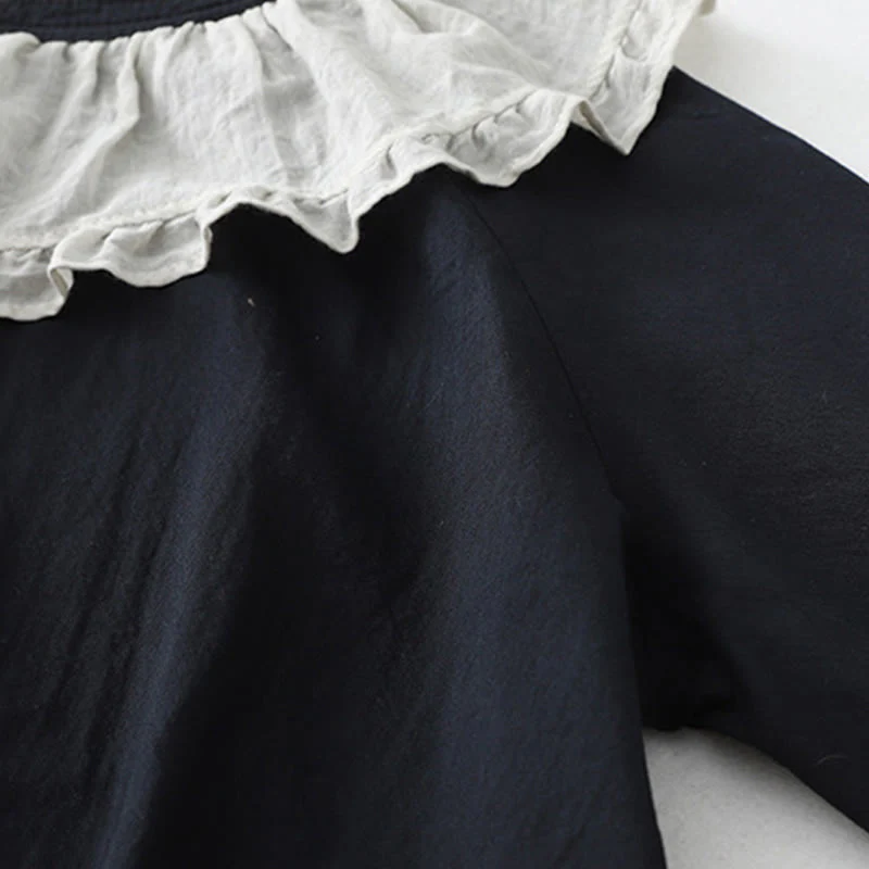 Buddha Stones Casual Ruffled Lace Patchwork Design Puff Sleeve Cotton Midi Dress With Pockets