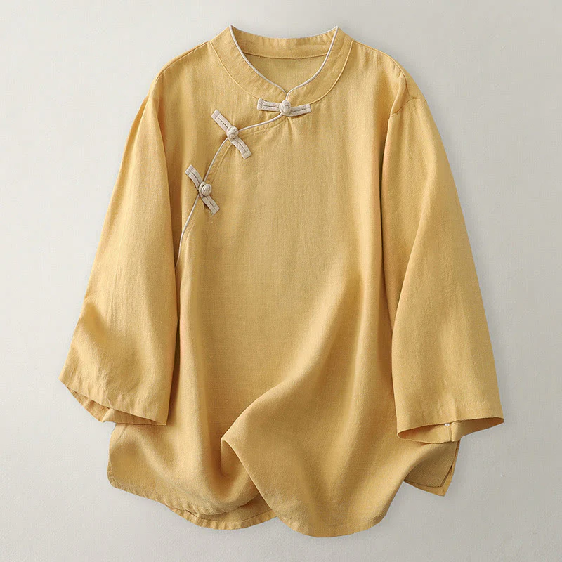 Buddha Stones Plain Slanted Buttons Cotton Linen Women's Shirt