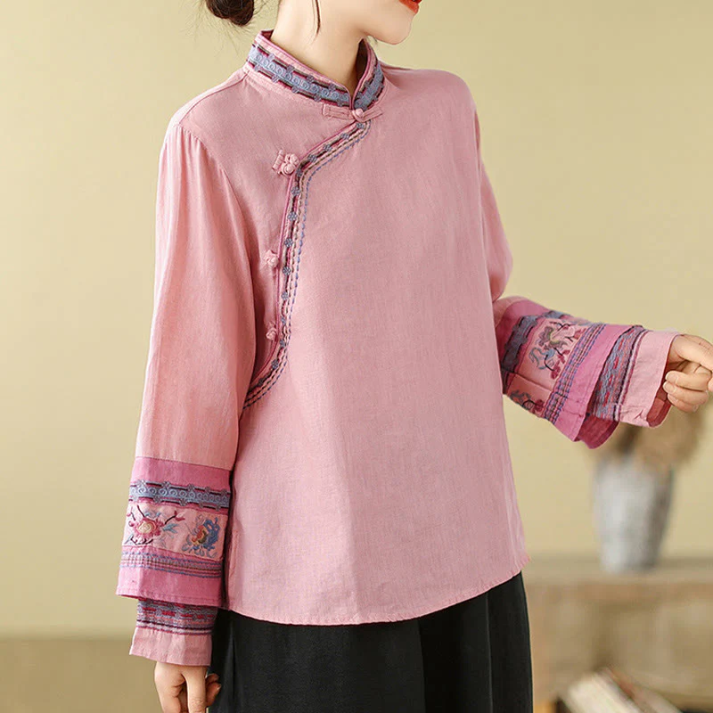 Buddha Stones Embroidered Slanted Buttons Cotton Linen Women's Shirt