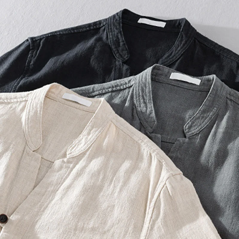 Buddha Stones Spring Daily Simple Buttons Design Stand Collar Men's Long Sleeve Cotton Linen Shirt With Pockets