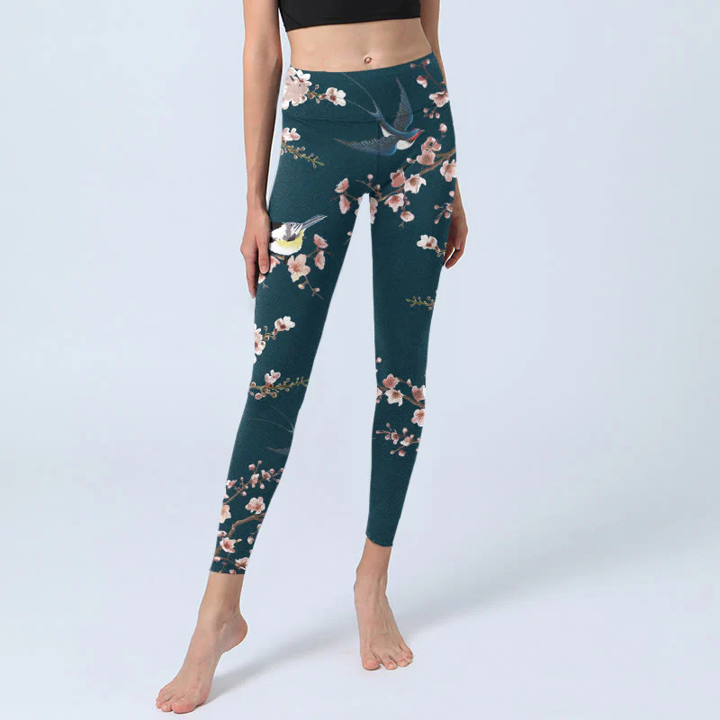 Buddha Stones Sparrow Swallow Peach Blossom Pattern Print Gym Leggings Women's Yoga Pants