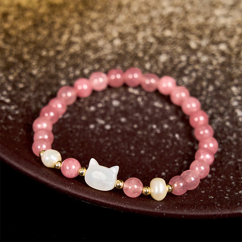Buddha Stones Strawberry Quartz Pearl Cat Rabbit Healing Bracelet
