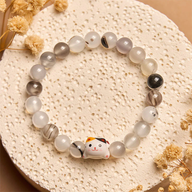 Buddha Stones Calico Cat Natural Agate Stone Ceramic Kitten Head Power Bracelet