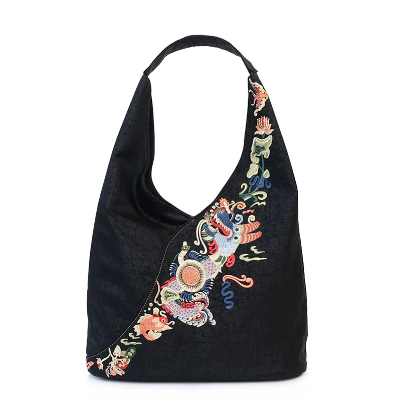 Buddha Stones Fish Flower Phoenix Embroidery Xiangyunsha Silk Shoulder Bag