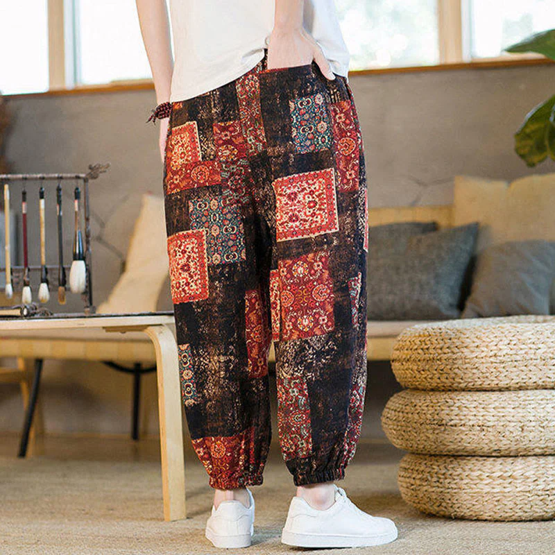 Buddha Stones Summer Square Patchwork Cotton Linen Men's Ankle-Length Harem Pants With Pockets