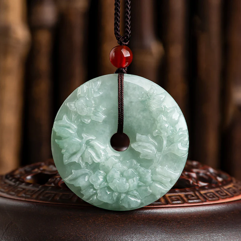 Buddha Stones Round Jade Peace Buckle Peony Flower Abundance Necklace Pendant