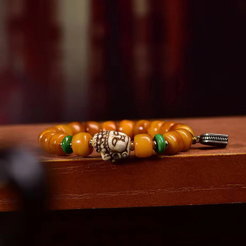 Buddha Stones Natural Tibetan Camel Bone Barrel Beads Buddha Head Luck Protection Bracelet