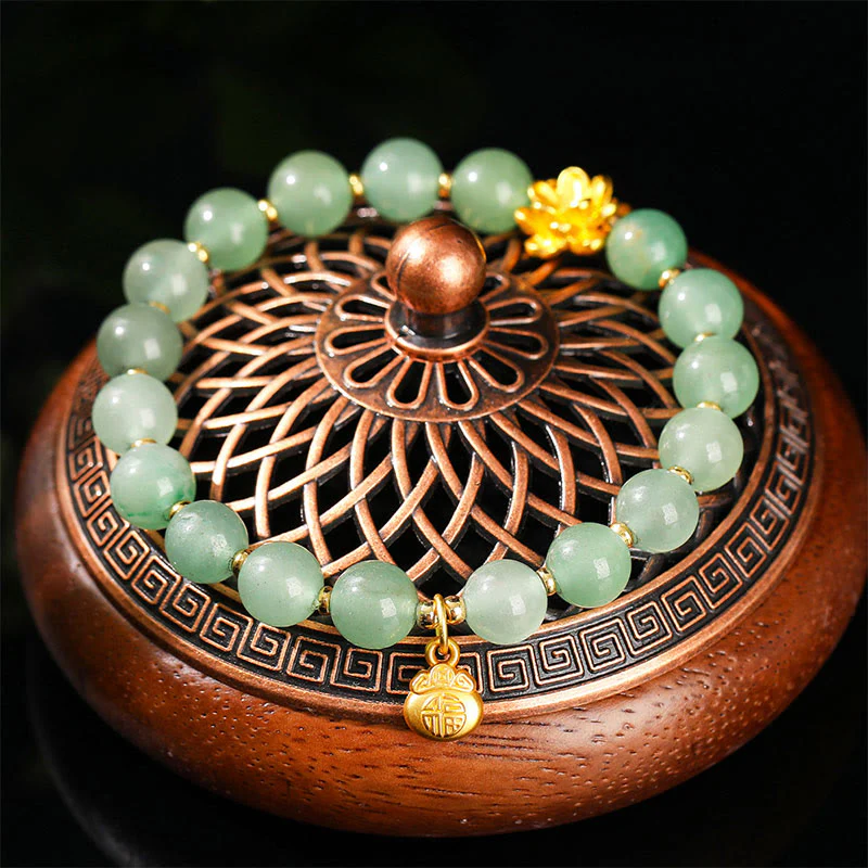 Buddha Stones Natural Jade Green Aventurine Gourd Fu Character Luck Bracelet