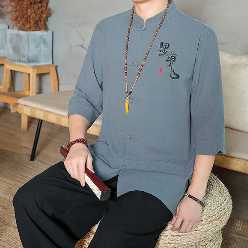 Buddha Stones Frog-Button Chinese Tang Suit Three Quarter Sleeve Cotton Linen Men's Shirt