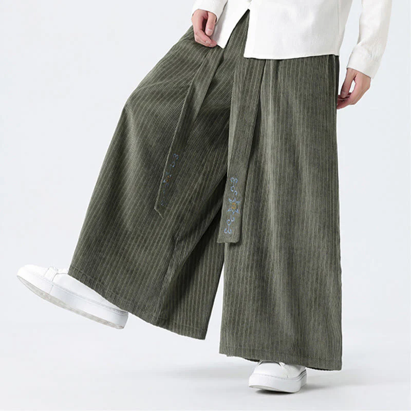 Buddha Stones Casual Embroidery Drawstring Design Men's Corduroy Wide Leg Pants With Pockets