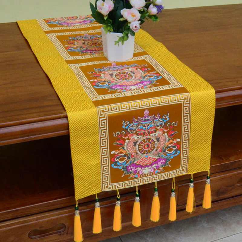 Buddha Stones Prayer Altar Mat Man-Bcu Kalachakra Endless Knot Vajra Tibetan Auspicious Symbols Tassels Table Runner