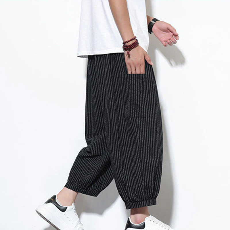Buddha Stones Casual Striped Men's Cotton 7-8 Length Harem Pants With Pockets