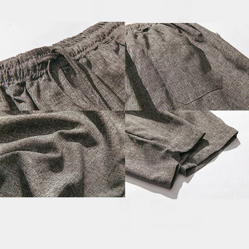 Buddha Stones Summer Plain Men's 7-8 Length Cotton Linen Pants With Pockets