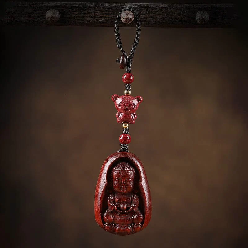 Buddha Stones Small Leaf Red Sandalwood Buddha Cinnabar Chinese Zodiac Amulet Protection Key Chain