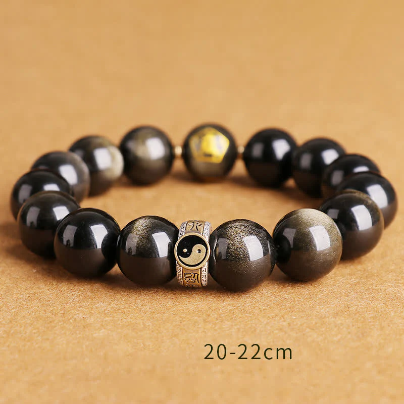 Buddha Stones 925 Sterling Silver Black Obsidian Gold Sheen Obsidian Silver Sheen Obsidian Yin Yang Protection Bracelet