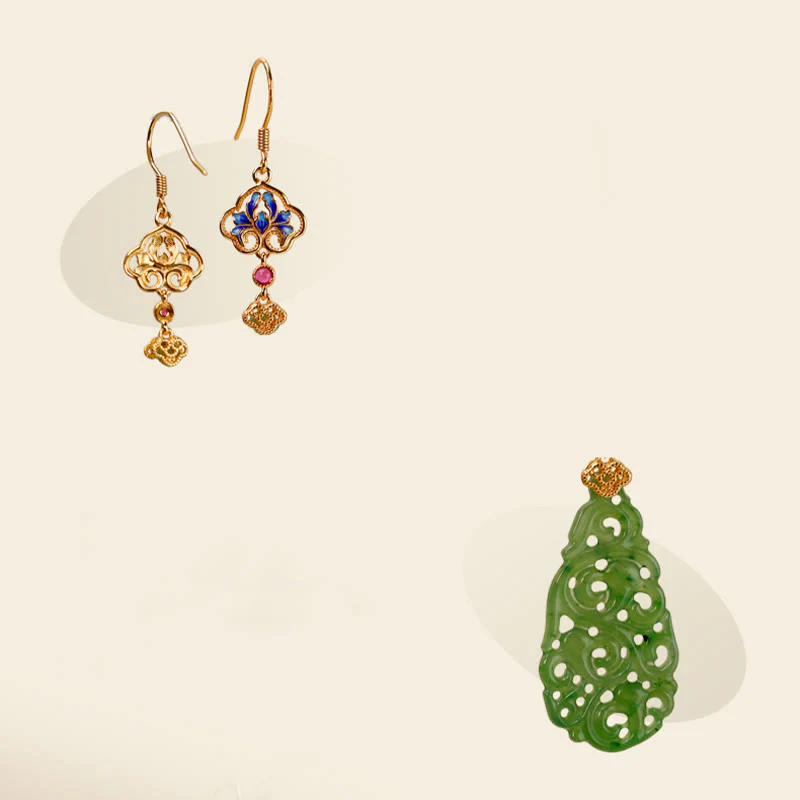 Buddha Stones Hollow Hetian Jade Enamel 925 Sterling Silver Prosperity Earrings