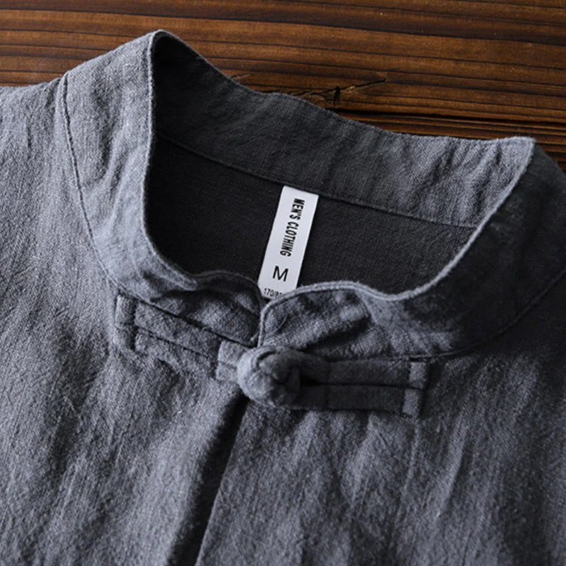 Buddha Stones Frog-Button Chinese Tang Suit Cotton Linen Men Jacket Shirt With Pockets