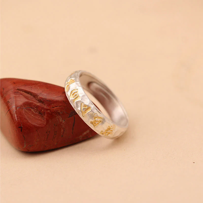 Buddha Stones Hammer Pattern Om Mani Padme Hum Copper Plated Silver Wealth Ring
