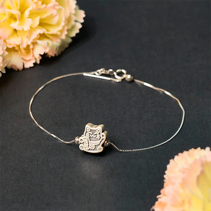 Buddha Stones 999 Sterling Silver Fortune Cat 925 Sterling Silver Chain Protection Bracelet