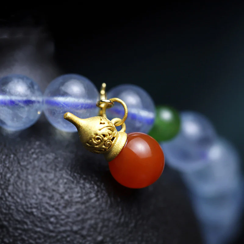 Buddha Stones Aquamarine Red Agate Peace Gourd Charm Bracelet