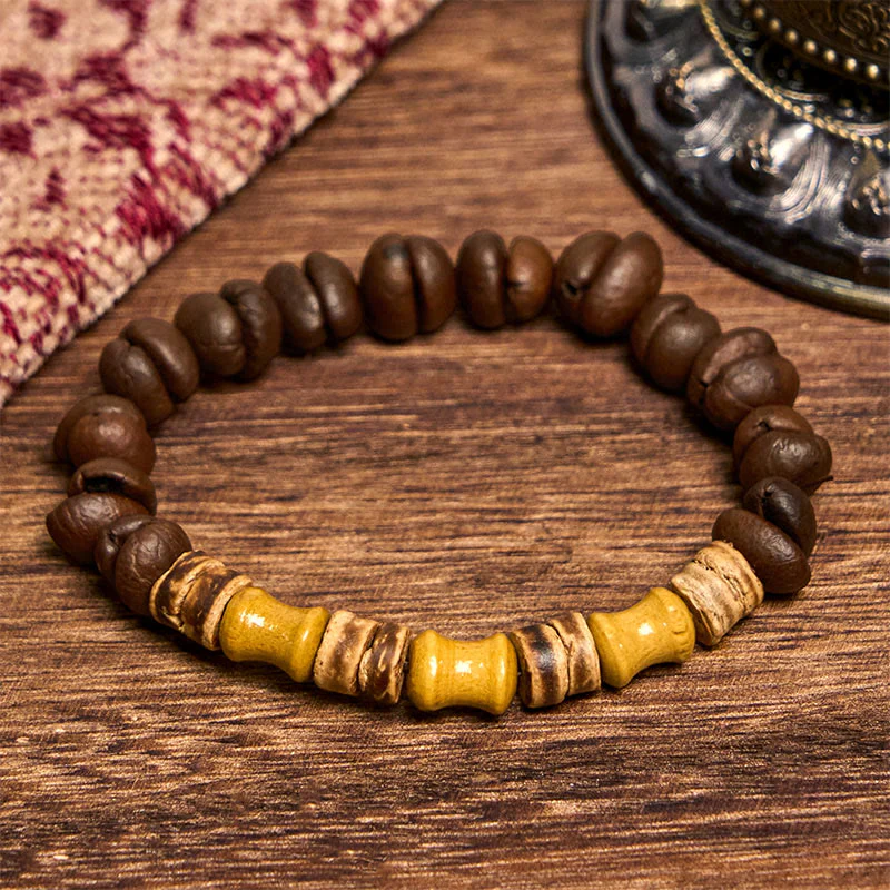 Buddha Stones Handmade Natural Coffee Beans Coconut Shell Bamboo Jade Positive Bracelet