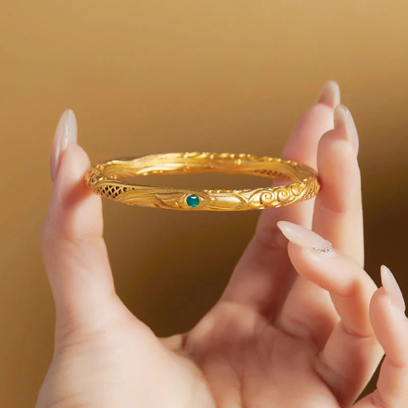 Buddha Stones 999 Sterling Silver Golden Flower Hollow Design Blessing Bracelet Bangle