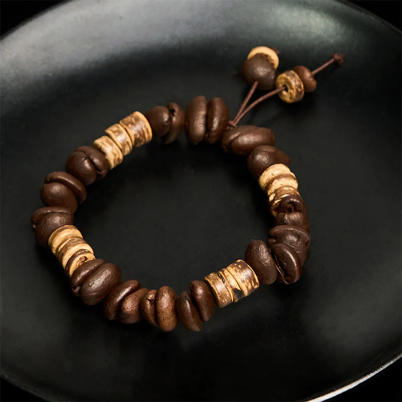 Buddha Stones Handmade Natural Coffee Beans Coconut Shell Happiness Bracelet