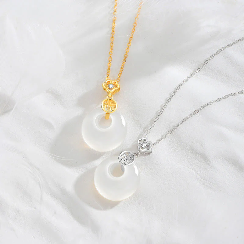 Buddha Stones 925 Sterling Silver White Agate Fu Character Happiness Luck Necklace Pendant