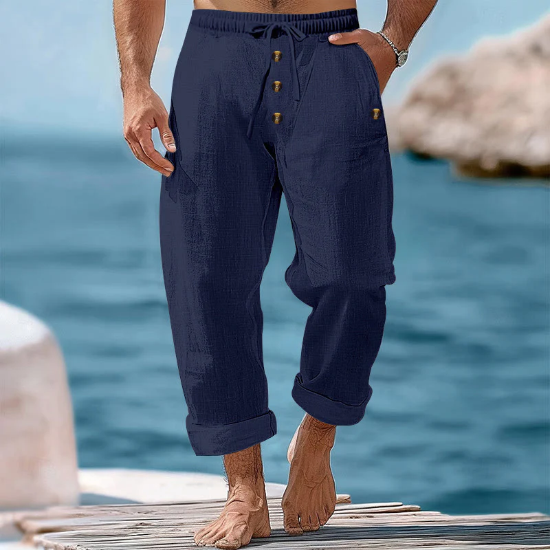 Buddha Stones Solid Color Buttons Drawstring Men's Cotton Pants With Pockets