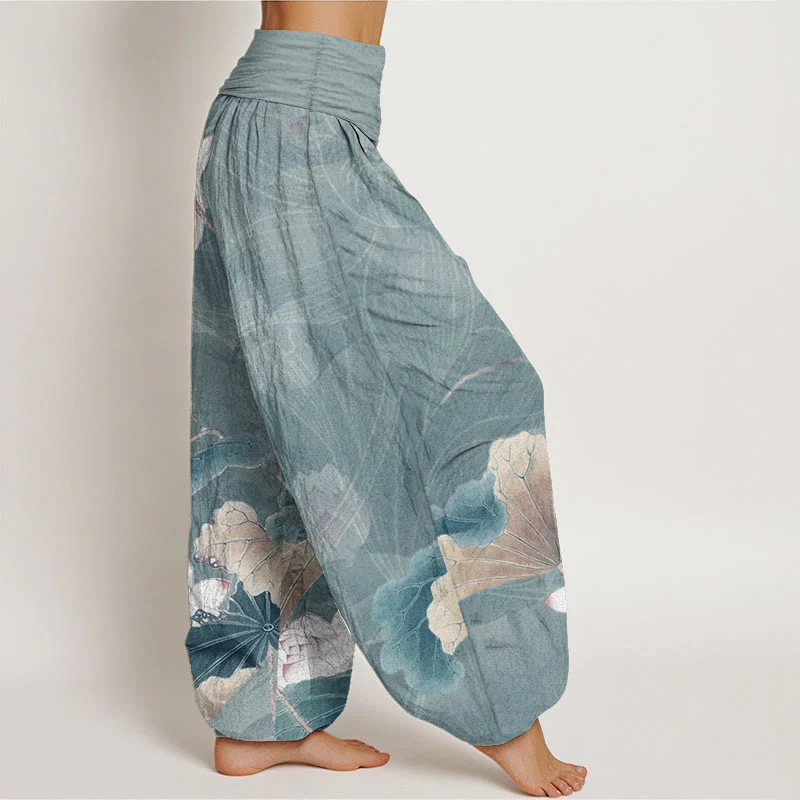 Buddha Stones Pure Cotton Lotus Flowers Leaves Pattern Women's Elastic Waist Harem Pants