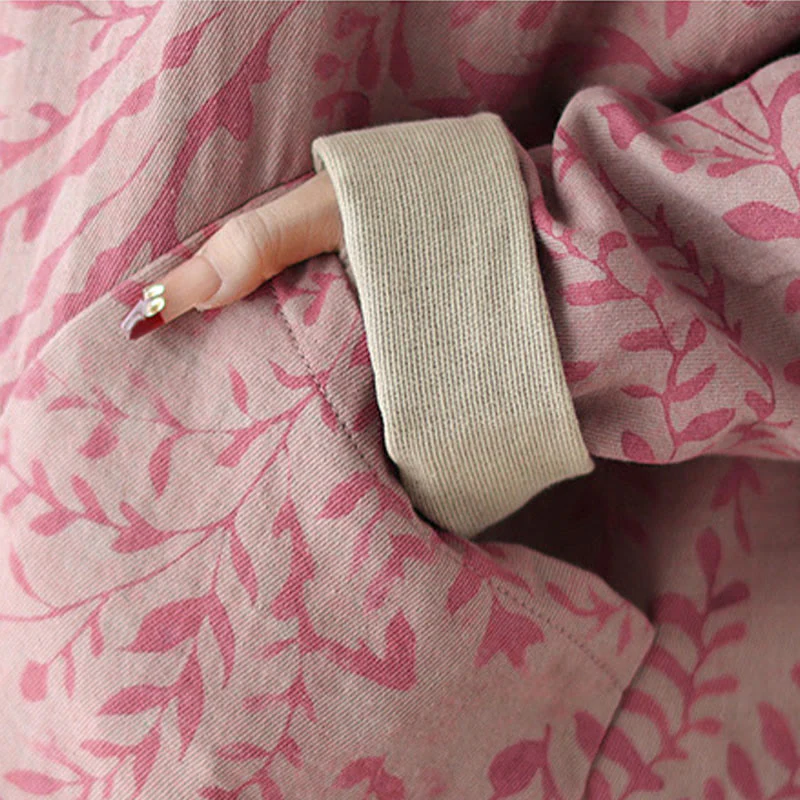 Buddha Stones Leaf Print Women's Cotton Linen Jacket With Pockets