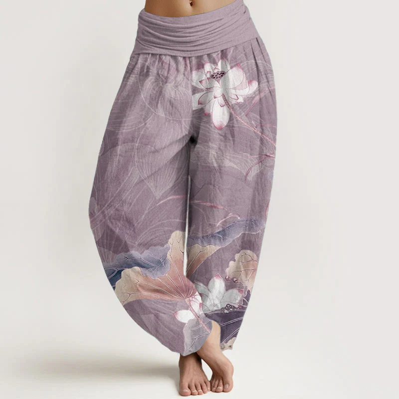 Buddha Stones Pure Cotton Lotus Flowers Leaves Pattern Women's Elastic Waist Harem Pants