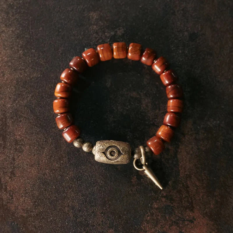 Buddha Stones Bone Beads Dzi Shape Copper Cone Pendant Strength Bracelet