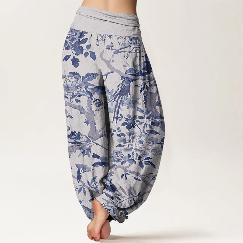 Buddha Stones Birds Branches Flowers Pattern Women's Elastic Waist Harem Pants