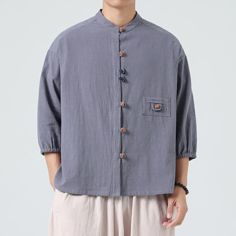Buddha Stones Summer Frog-Button Front Stand Collar Men's Three Quarter Sleeve Cotton Shirt Cardigan With Pocket