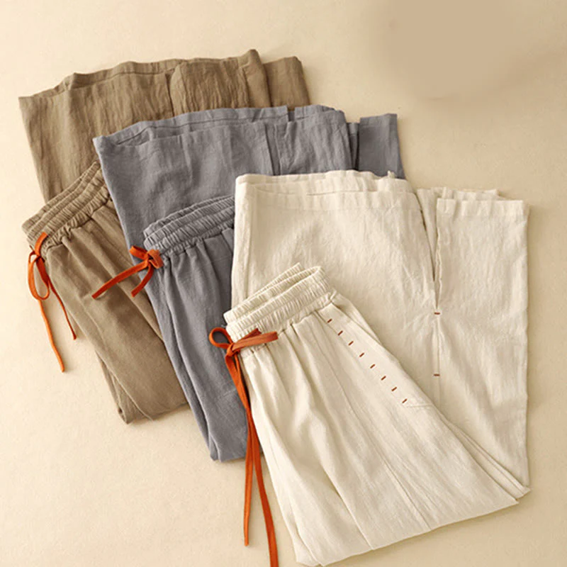 Buddha Stones Casual Side Slits Design Cotton Women's Wide Leg 7-8 Length Pants With Pockets