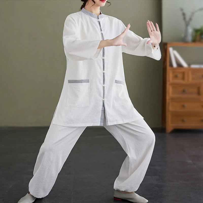 Buddha Stones 2pcs Cotton Tai Chi Shirt Top Pants Meditation Zen Clothing Women's Set