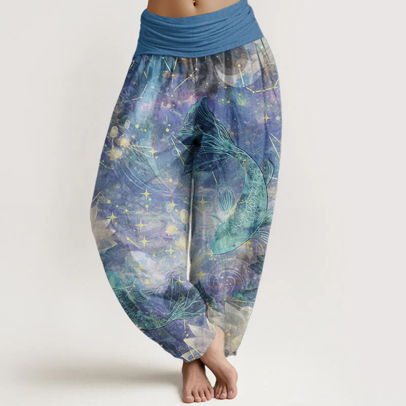Buddha Stones Pure Cotton Koi Fish Lotus Moon Stars Pattern Women's Elastic Waist Harem Pants