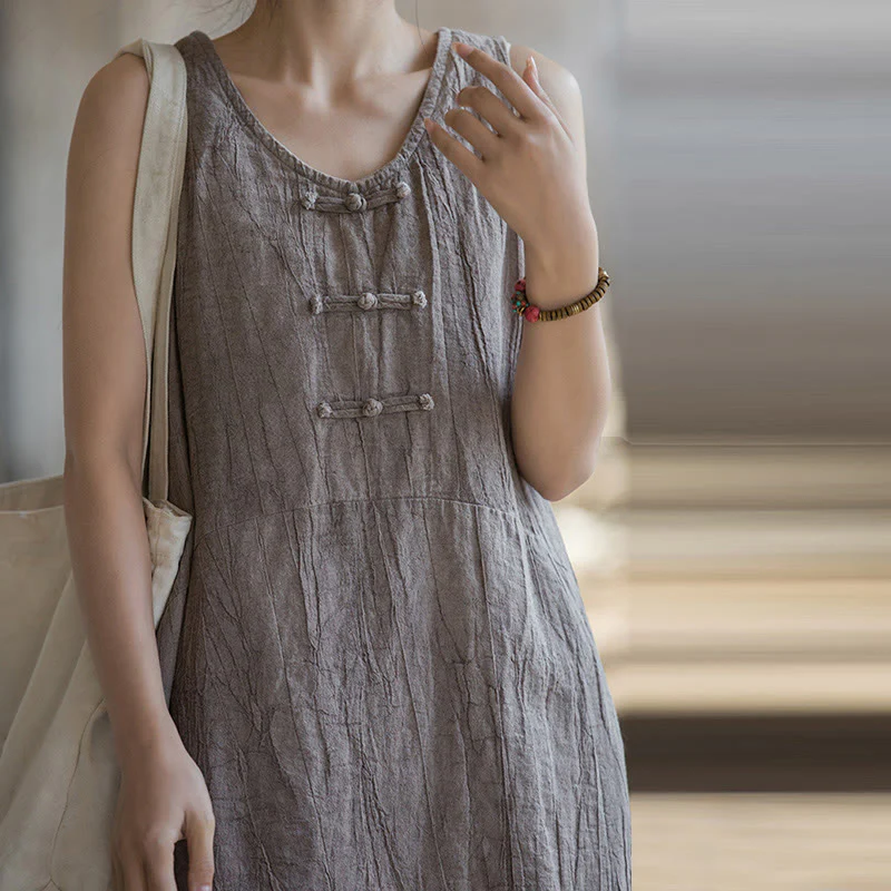 Buddha Stones Frog-Button Sleeveless Cami Midi Dress Ramie Linen Wide Leg Pants With Pockets