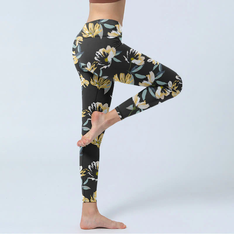 Buddha Stones Yellow White Flower Pattern Print Gym Leggings Women's Yoga Pants