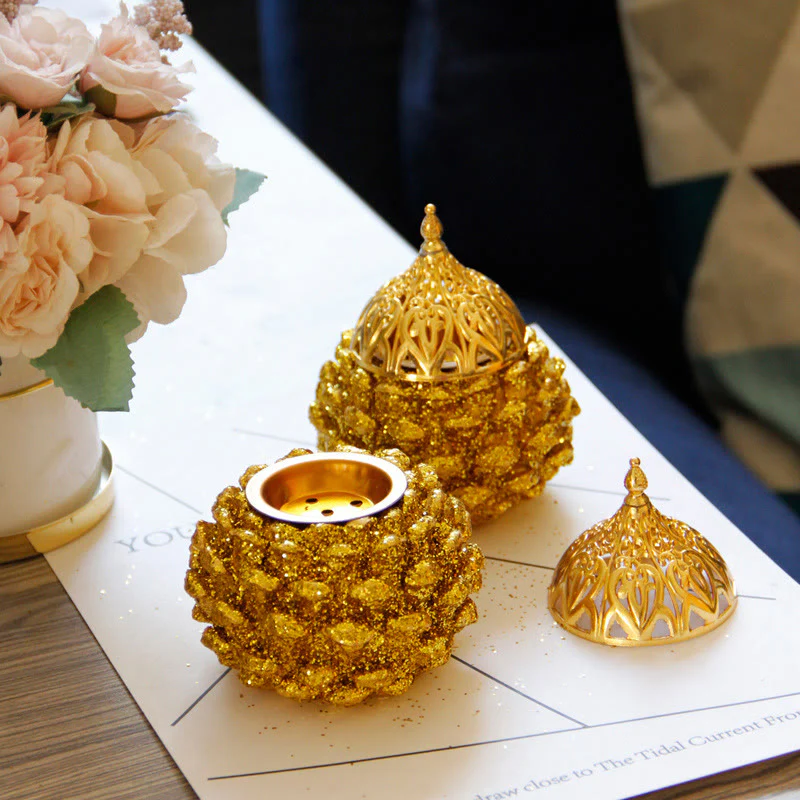 Buddha Stones Gold Pine Cone Pattern Spiritual Rituals Mini Incense Burner Home Tabletop Decor