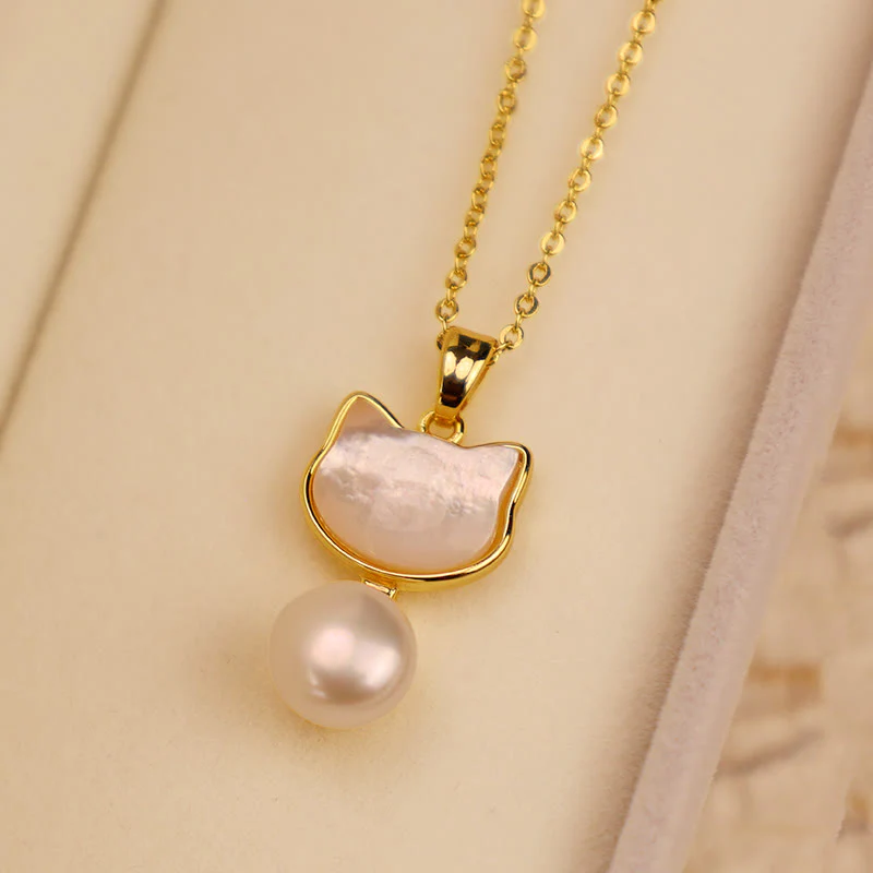Buddha Stones Natural Pearl Copper Cat Healing Necklace Pendant Earrings