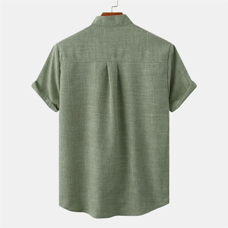 Buddha Stones Summer Men's Button Plain Short Sleeve Cotton Shirt With Pocket