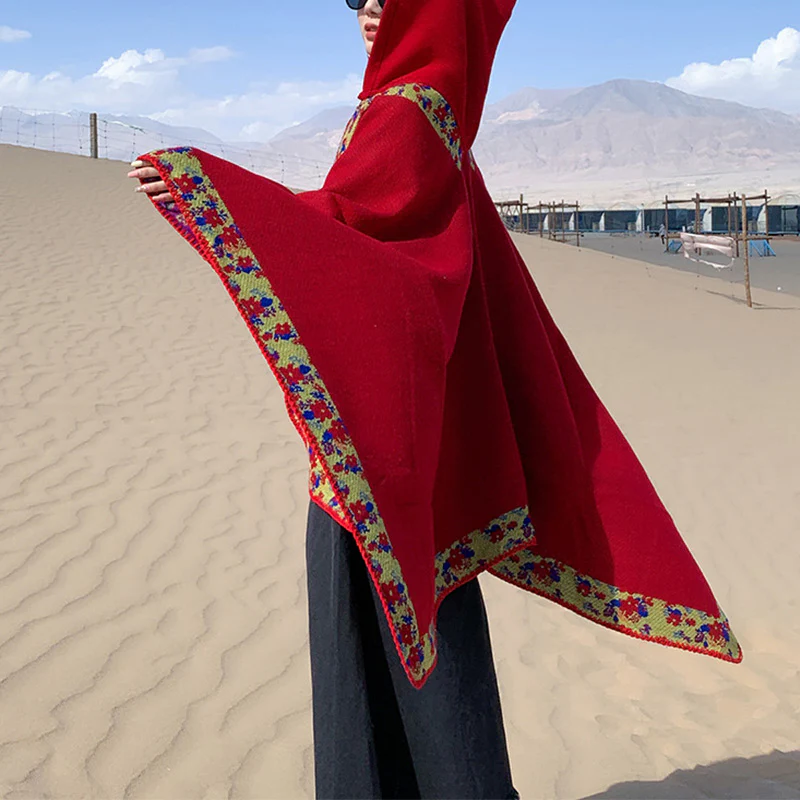 Buddha Stones Tibetan Shawl Border Small Floral Flower Hooded Cloak Winter Cozy Travel Scarf Wrap