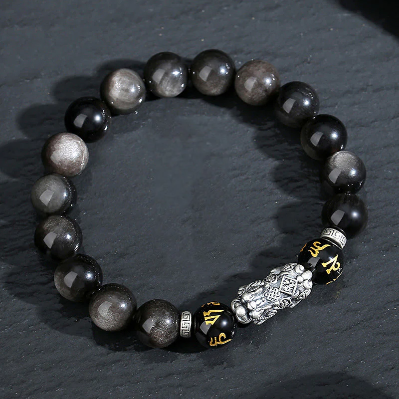 Buddha Stones 999 Sterling Silver PiXiu Natural Black Obsidian Strength Bracelet