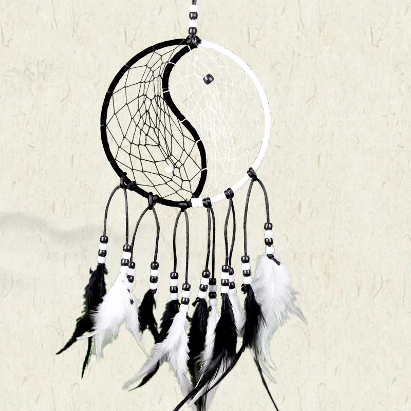 Buddha Stones Yin Yang  Dream Catcher Circular Net with Feathers Balance Decoration